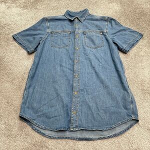 Re/Done Oversized Long Denim Western Shirt Mens Medium Blue Short Sleeve Cotton